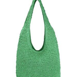 Women's Green Large Straw Beach Bag Handmade Woven Shoulder Hobo Tote Handbag